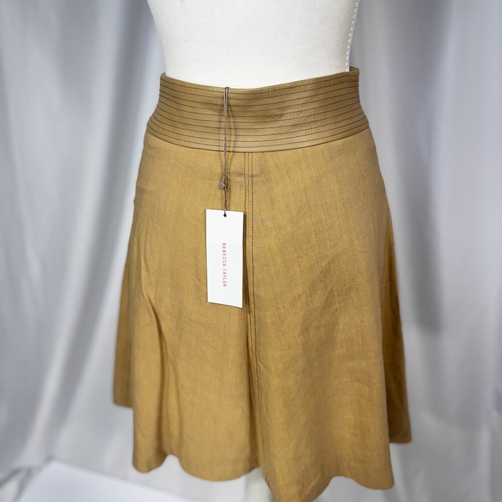Rebecca Taylor Mini Skirt Sz 2 Sand Linen Lamb Leather Trim Geometric A-Line NWT - Picture 16 of 16